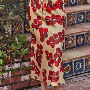 Woven Satin Polyester Spandex Tomato Print Skirt NEW